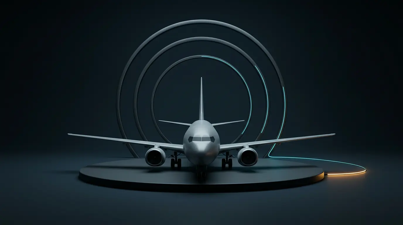 A blank twin-engine aircraft model facing forward before three dark concentric rings
