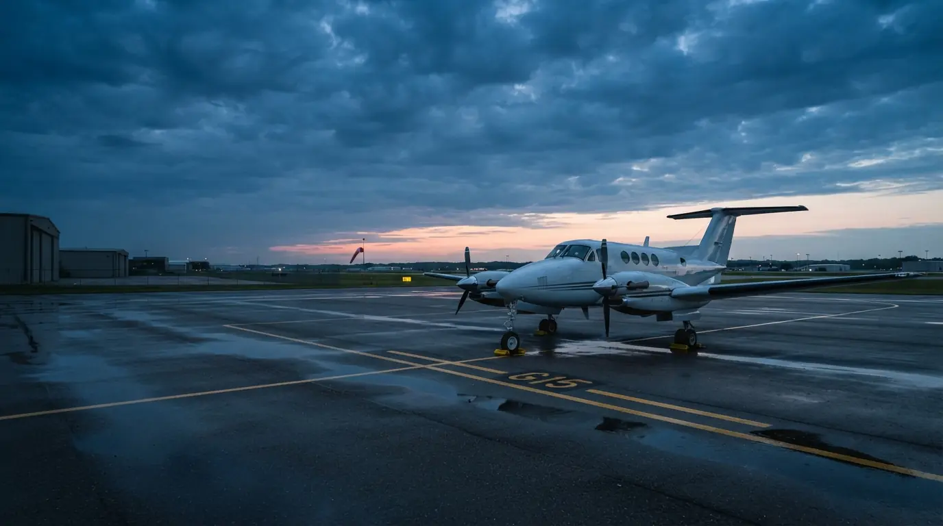 An unbranded twin-engine turboprop parked with wheel chocks on a wet regional airport ramp