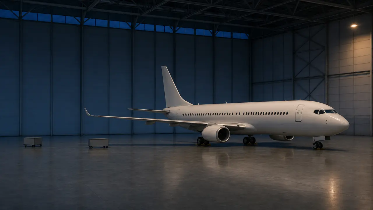 An unbranded twin-engine passenger jet parked on chocks in a dark empty hangar