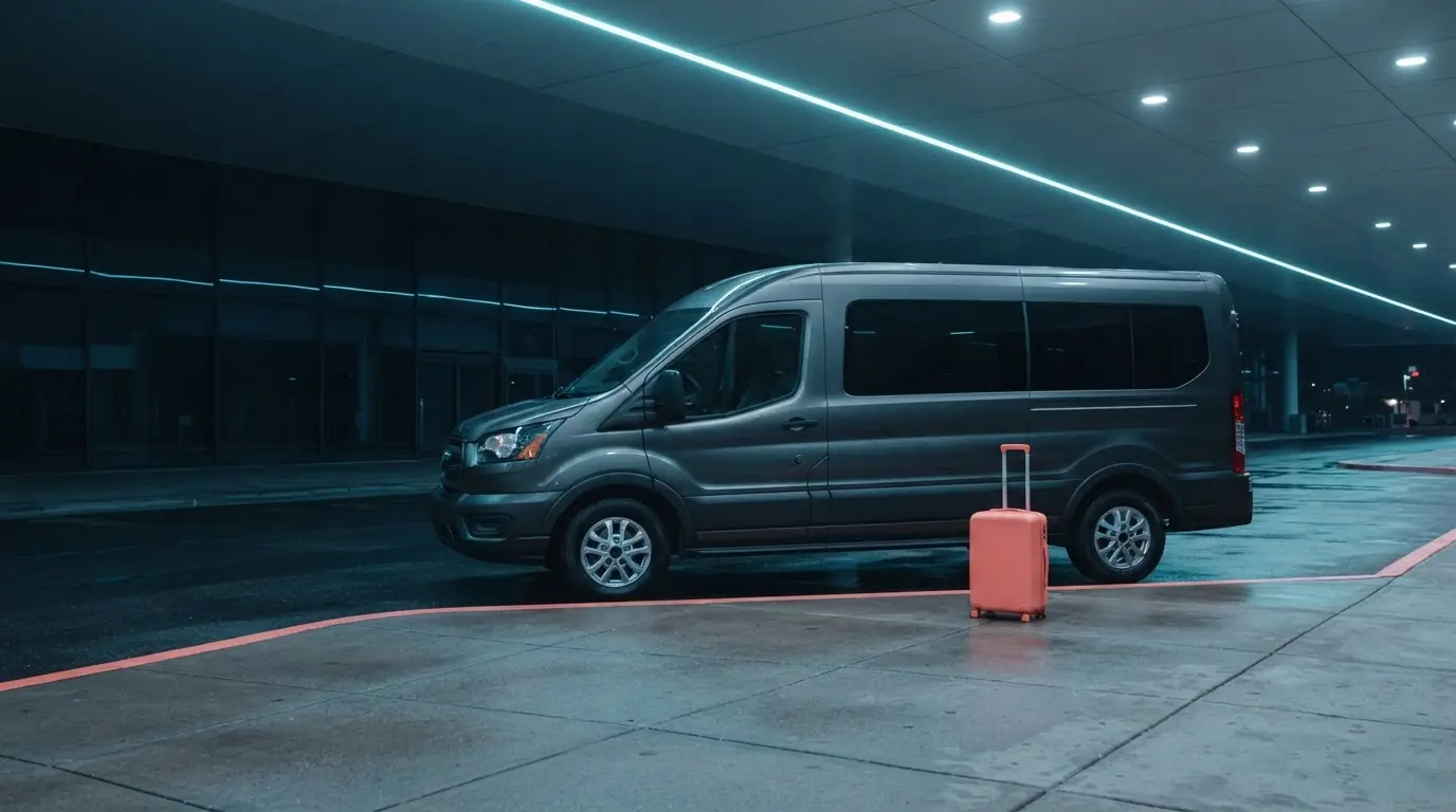 An unbranded charcoal shuttle and a coral suitcase at an empty rain-wet terminal curb