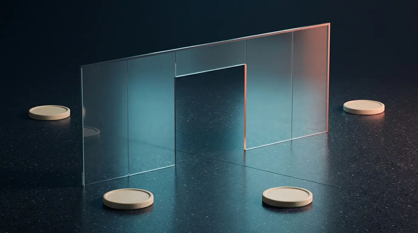 A translucent glass wall with an open passage stands between two pairs of blank cream tokens