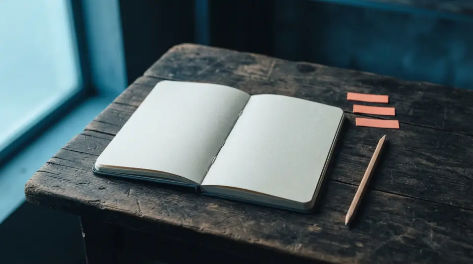 An open blank notebook, a natural-wood pencil, and three coral tabs rest on a weathered table.