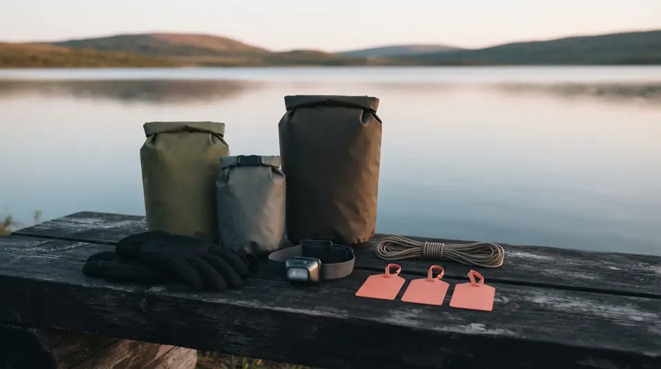 Three waterproof pouches, gloves, a headlamp, cord, and coral tags beside a quiet lake.