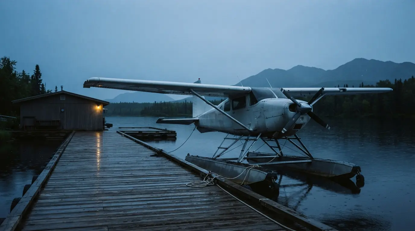 An unbranded floatplane moored beside a rain-wet lakeside dock before dawn
