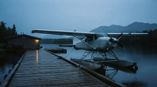 An unbranded single-engine floatplane is moored beside an invented lakeside dock