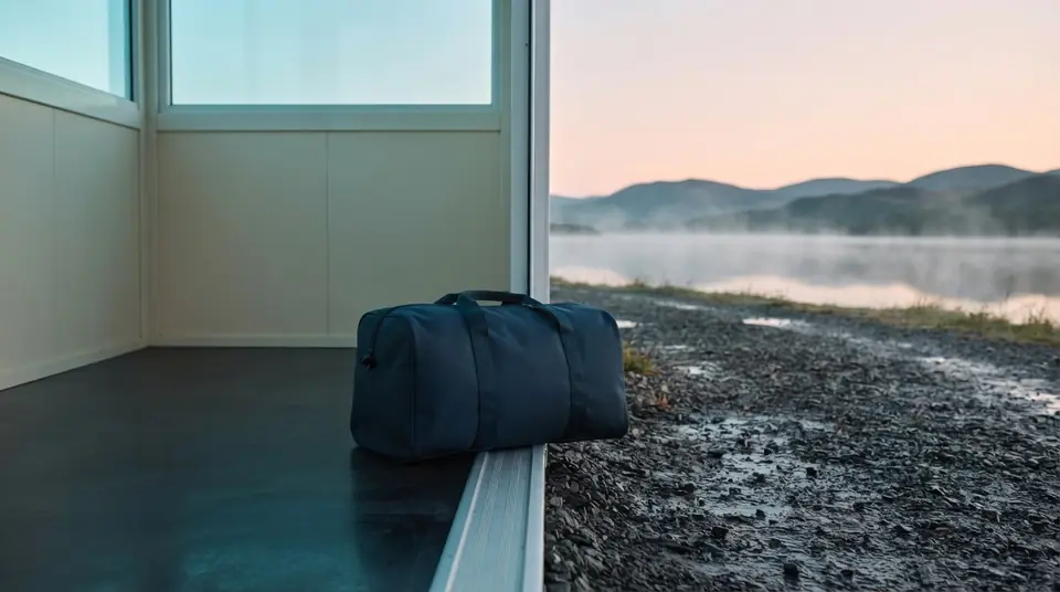 A navy travel bag rests across a shelter threshold between a dark floor and wet lakeside gravel.