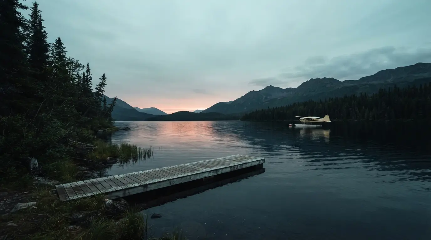 A distant unbranded floatplane moored on a quiet mountain lake beside an empty wooden dock