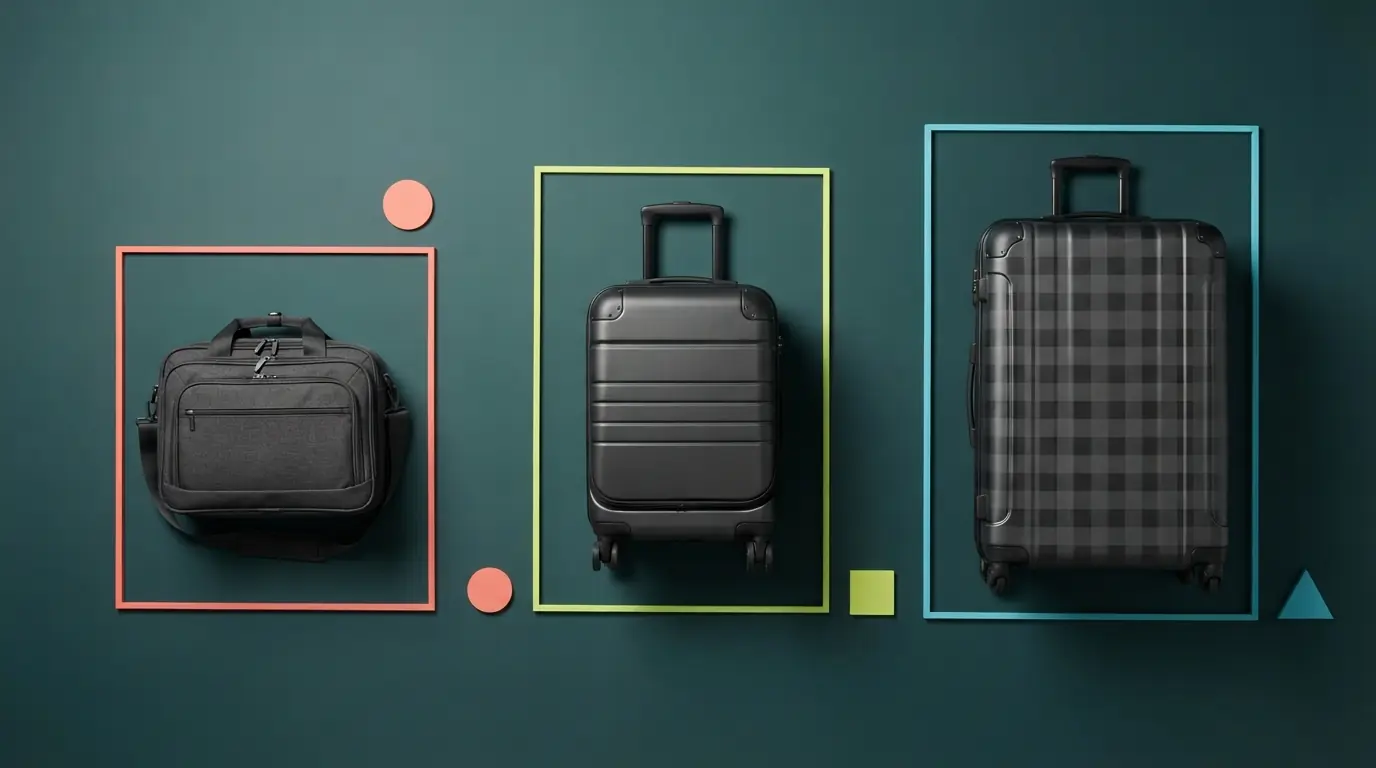 Three unbranded bags, from a small personal bag to a checked suitcase, sit inside separate open frames