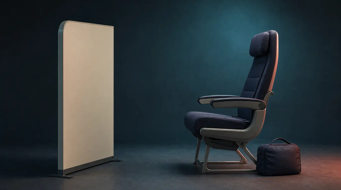 A generic empty seat faces a plain partition, with a separate carry-on bag nearby.