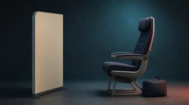 A generic empty seat faces a plain partition with a separate carry-on bag nearby