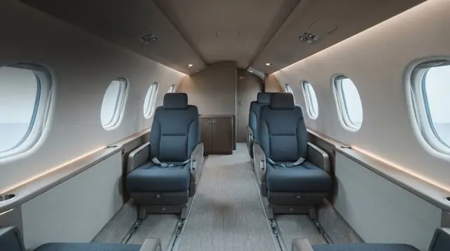 An unbranded aircraft cabin interior is divided into illuminated evidence zones with no people or logos