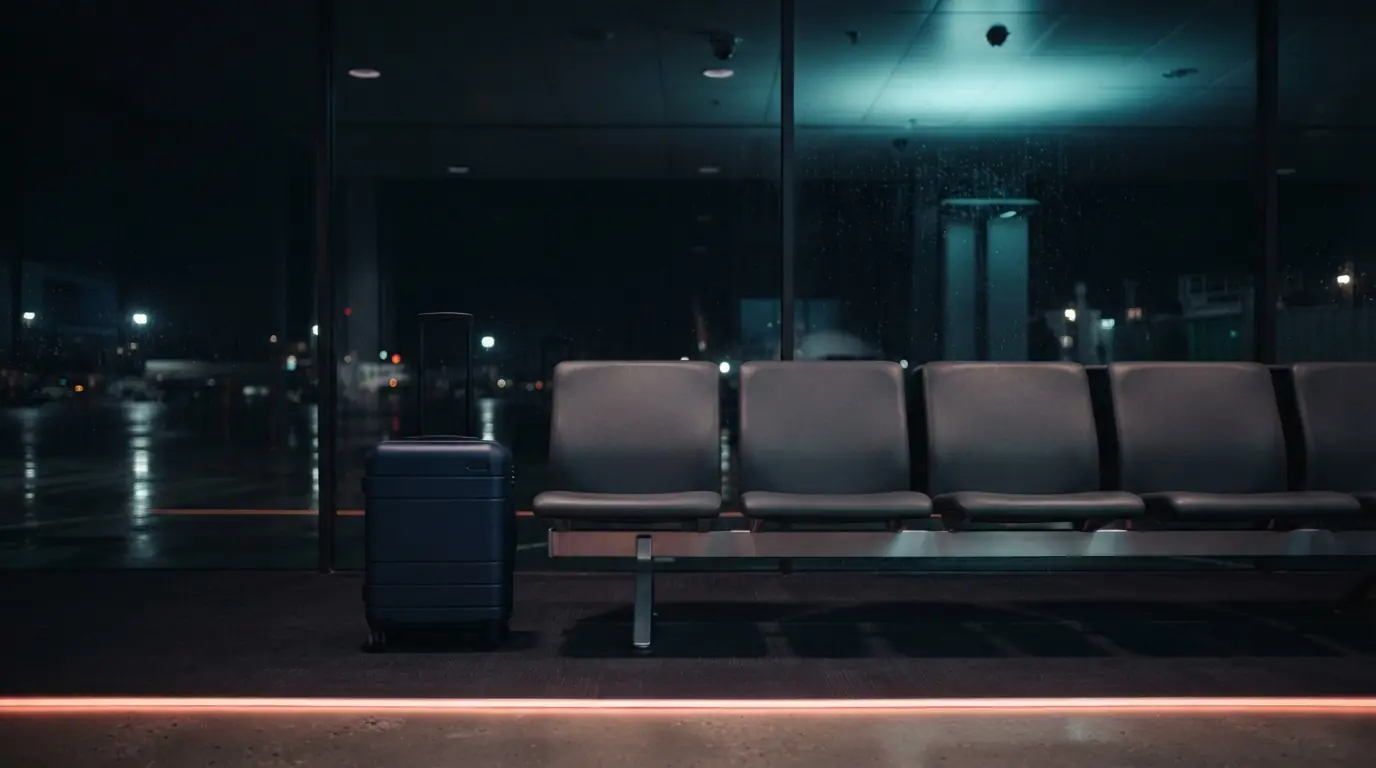 A plain navy suitcase stands beside four empty seats in a rain-dark airport-inspired lounge