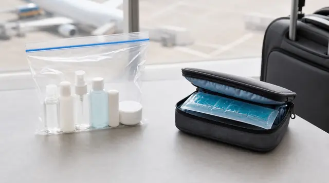 A transparent bag of travel-size liquid containers sits apart from an insulated medical cooling pouch.