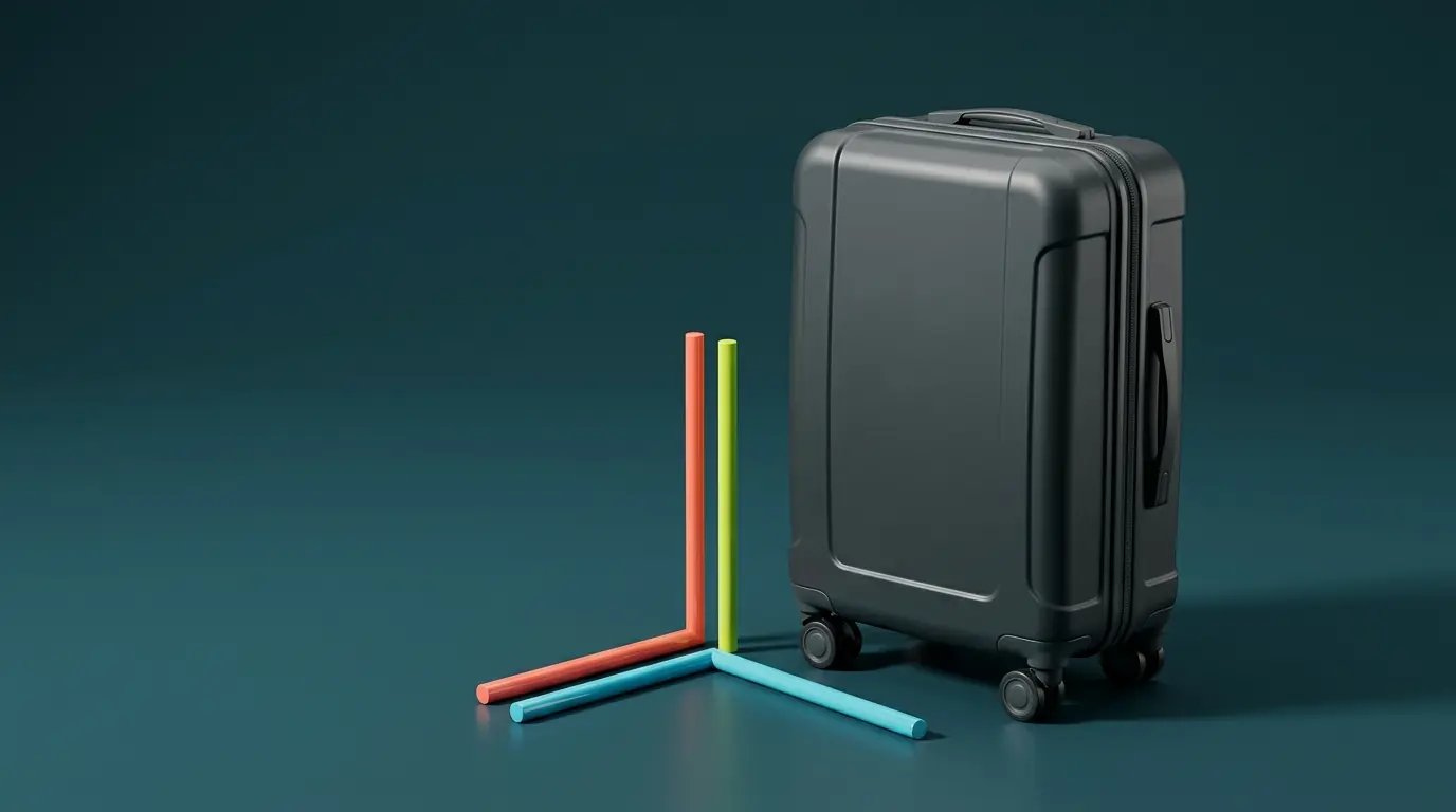 An unbranded charcoal carry-on case stands beside three smooth abstract rods in a dark teal studio