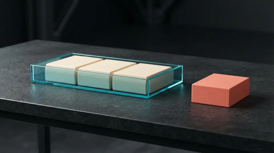 Three cream blocks sit inside a cyan glass tray beside one separate coral block.