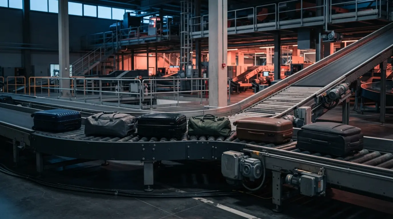 Unbranded checked suitcases moving through intersecting conveyors in an airport baggage transfer hall