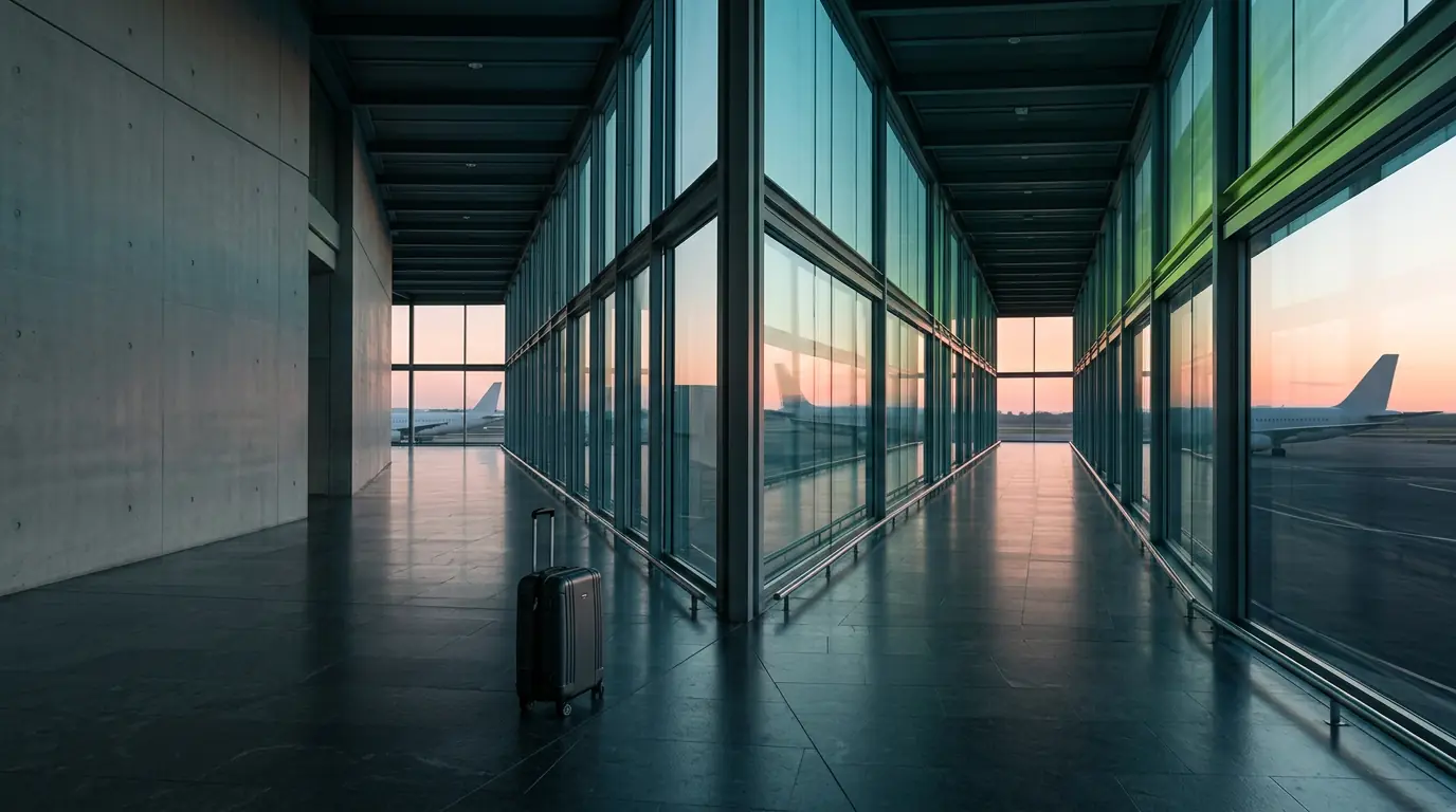 Two blank glass airport corridors leading toward different unbranded aircraft at sunrise
