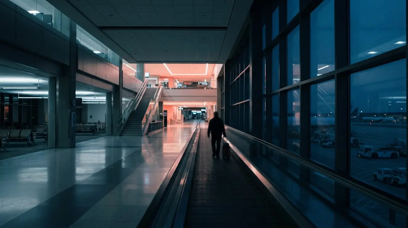 A traveler with a carry-on crossing a long airport corridor and moving walkway before dawn