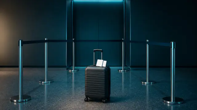 An empty airport gate queue with one suitcase and blank travel records