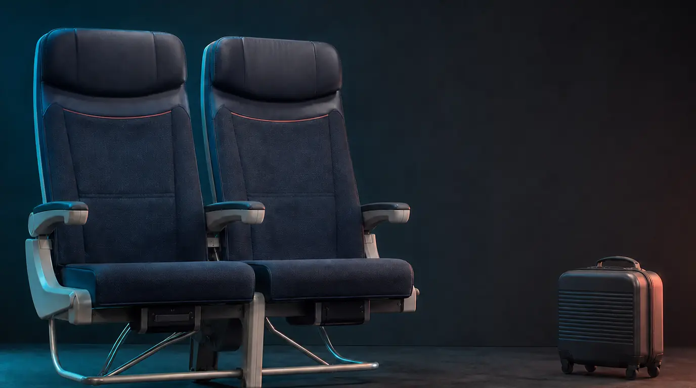 Two empty generic passenger seats and a small carry-on in a dark, unbranded studio setting.