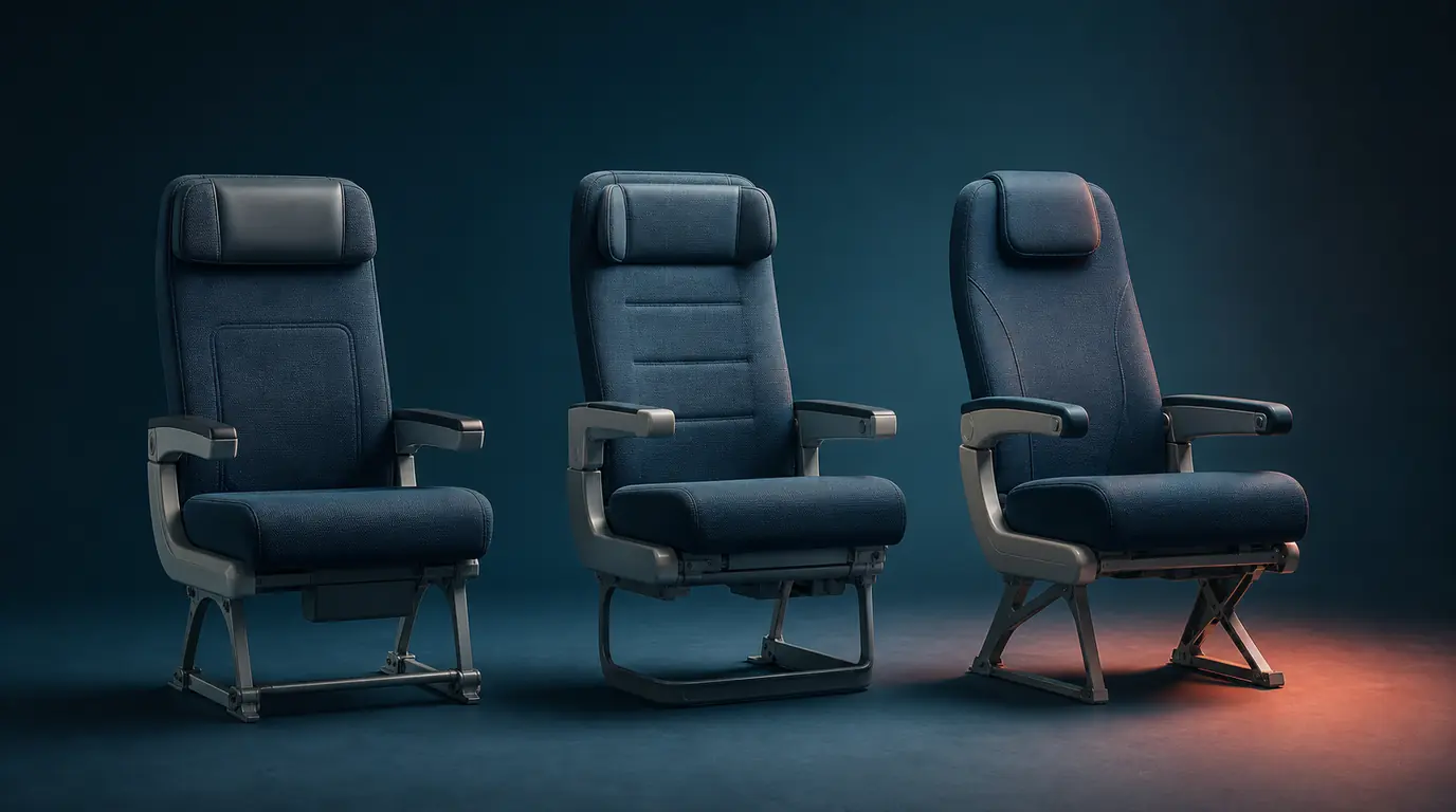 Three generic empty Economy seats with different shapes and leg-space arrangements in a dark studio.