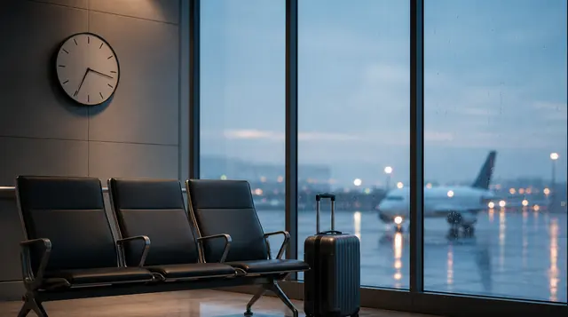 Empty terminal seats, a suitcase, and an analog clock beside a rainy window