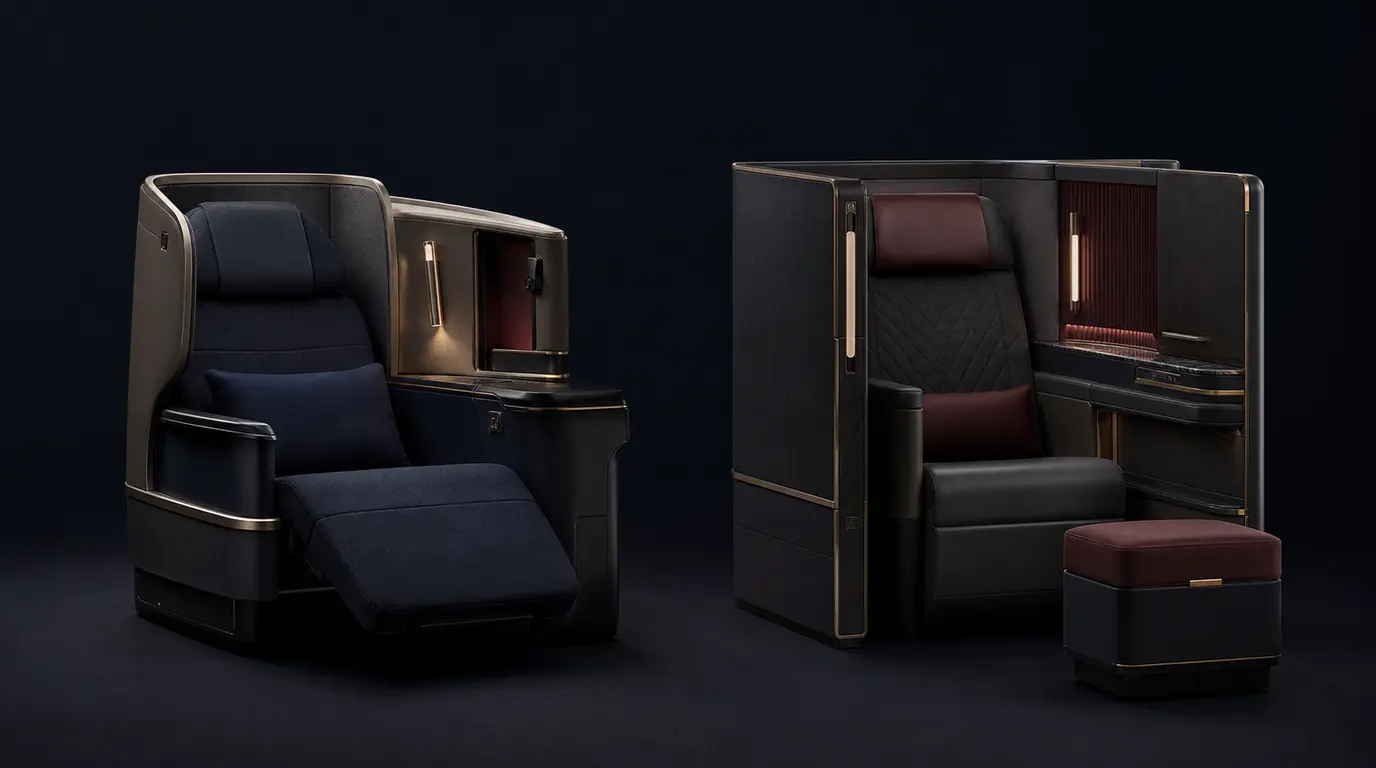Two invented premium seat environments, one open and one enclosed, compared in a dark studio.