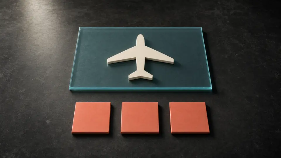 A cream aircraft silhouette on a cyan glass plate above three coral tiles.