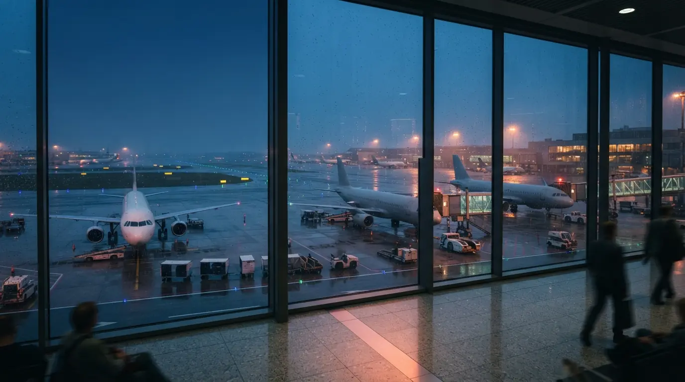 Three unbranded passenger aircraft at rain-wet airport gates seen through terminal glass