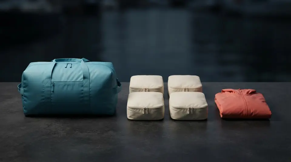 A cyan duffel beside four cream packing cubes and a folded coral shell.