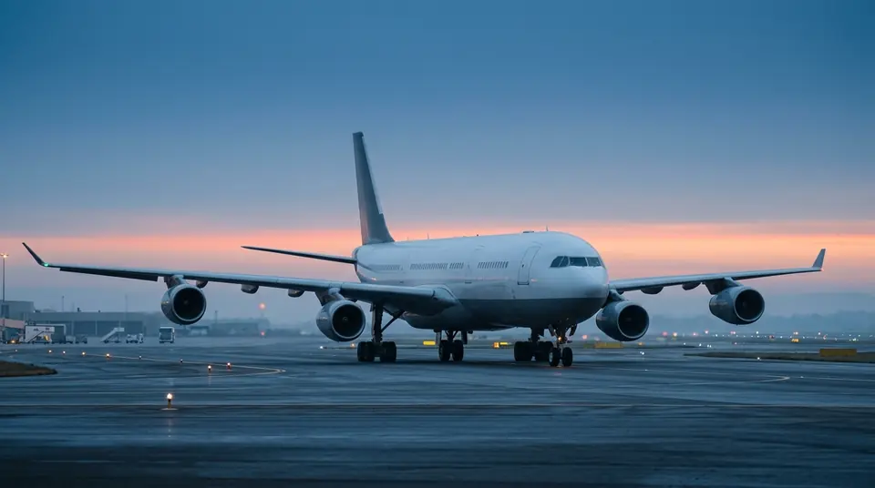 An unbranded four-engine passenger jet taxiing on a wet runway before sunrise