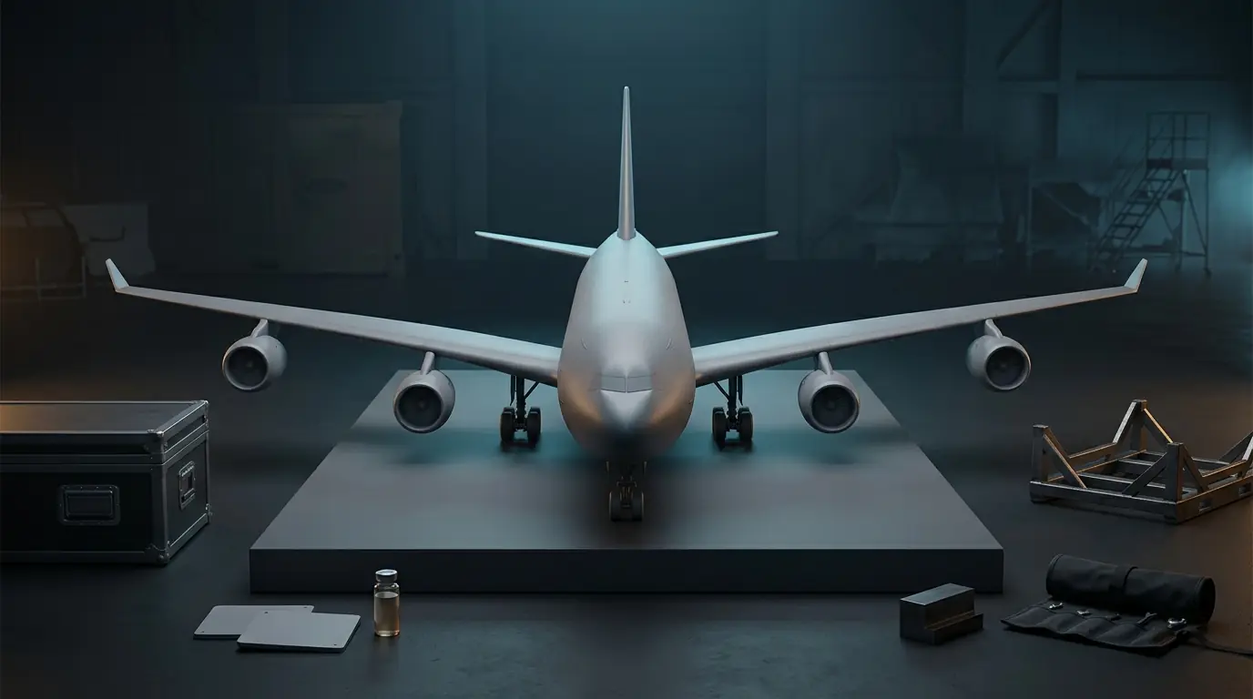 A blank four-engine aircraft model facing forward among closed evidence objects in a dark studio