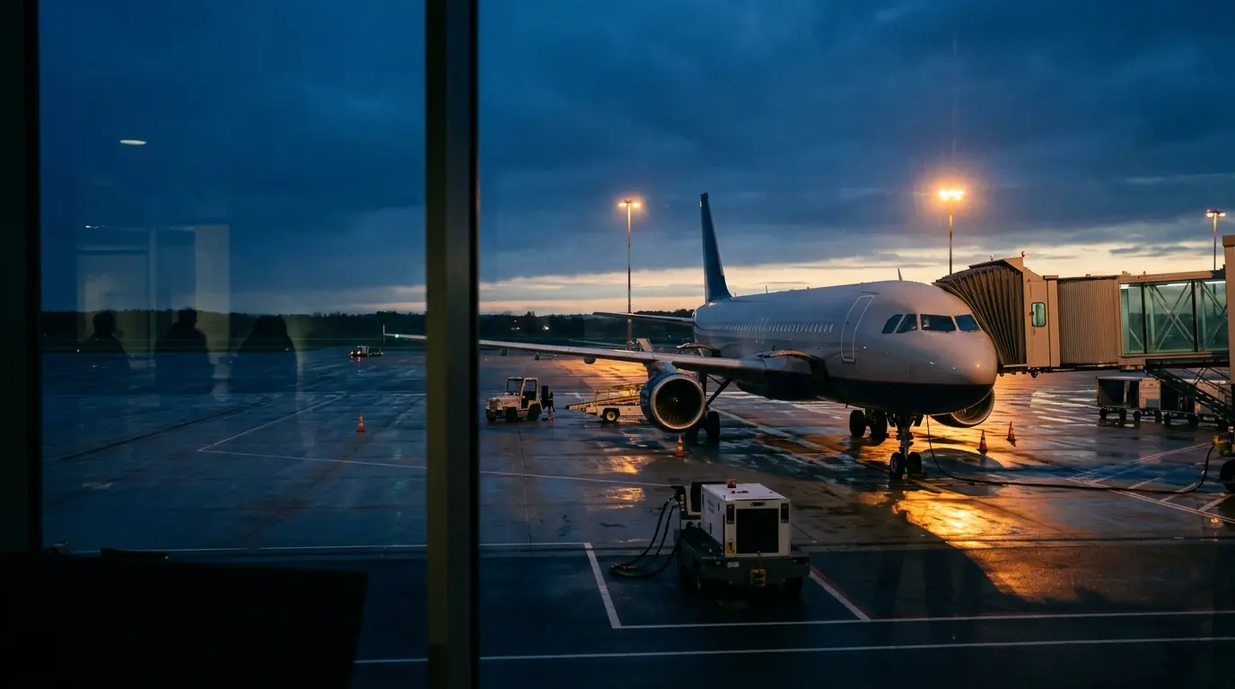 Unbranded passenger aircraft at a wet airport gate before sunrise