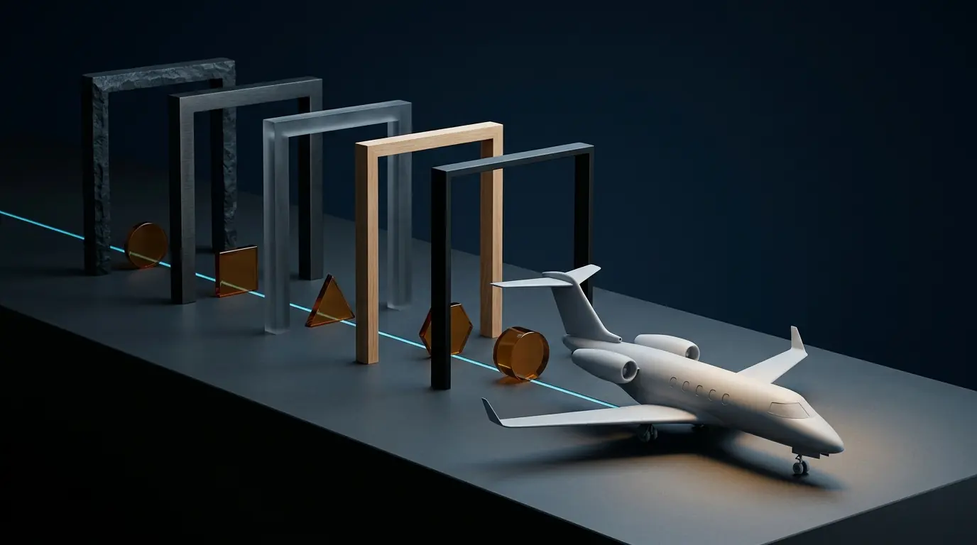 A blank twin-engine aircraft model beside five open frames and amber tokens