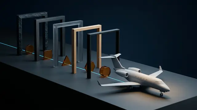 A small unbranded aircraft crosses a sequence of abstract illuminated boundary frames