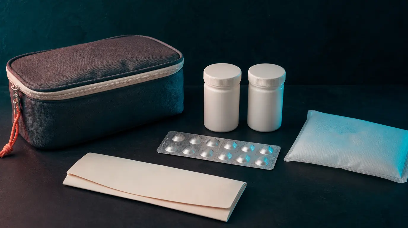 An unbranded medication travel kit with plain containers, a cold pack, and blank records.