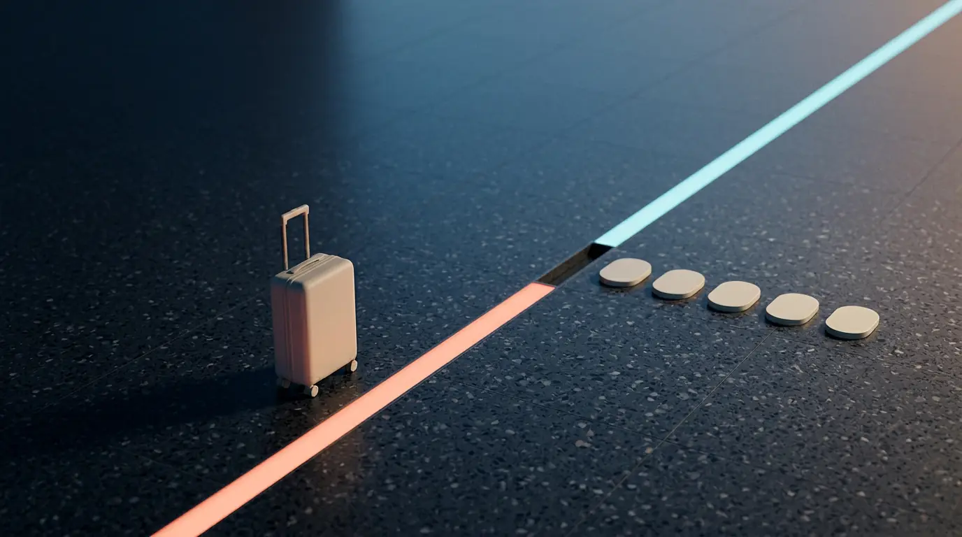 An unbranded wheeled case stands beside an interrupted coral and cyan light line with five blank tokens