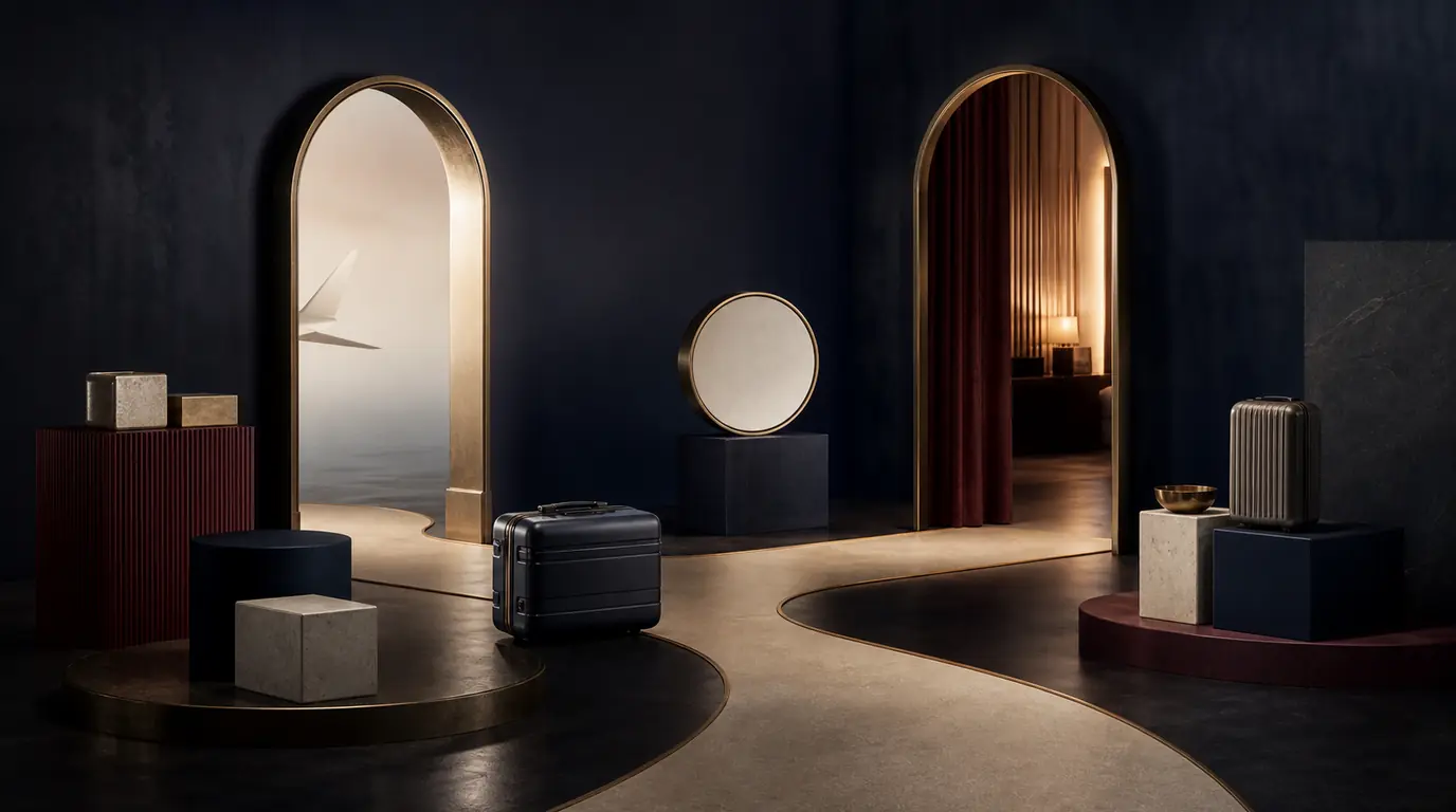 Two illuminated thresholds joined by a branching floor path, with unbranded luggage and separate neutral blocks.