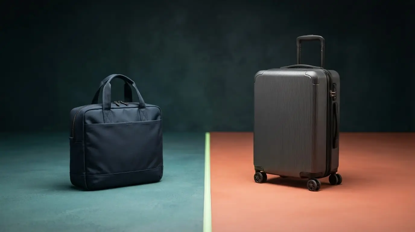 A soft travel tote and a wheeled case stand in separate lanes of an abstract studio