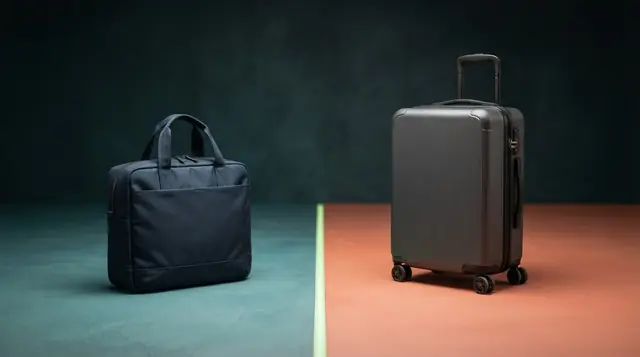 A compact dark bag and a larger rust-colored cabin case stand in separate unbranded studio bays