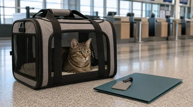 A calm cat rests inside a ventilated soft-sided carrier beside a plain route-document folder at an airport.
