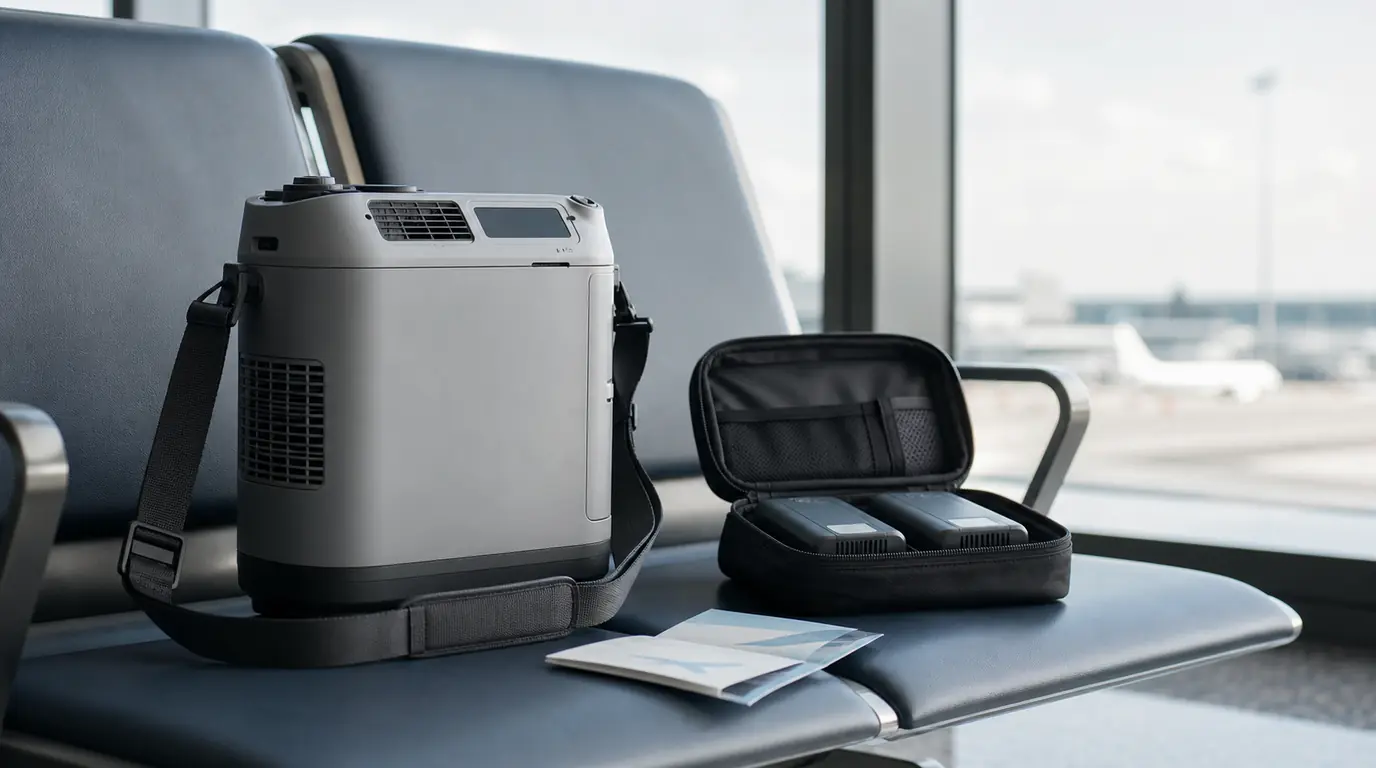 An unbranded portable oxygen concentrator, two protected spare batteries, and a folded itinerary on an airport bench.