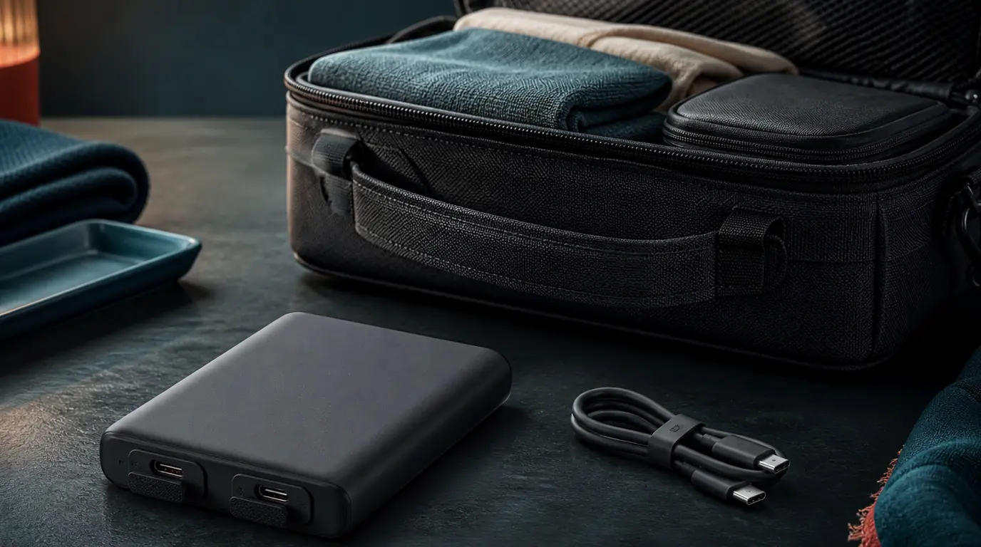 A generic power bank with an unplugged cable beside an open carry-on bag.
