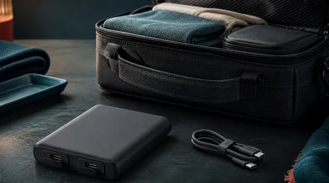 A generic power bank with an unplugged cable beside an open carry-on bag