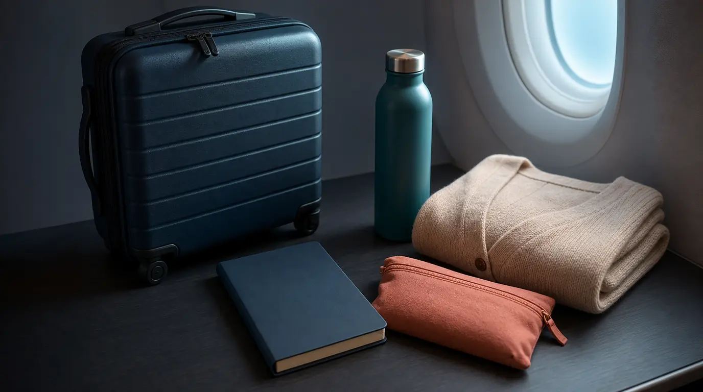 A blank notebook, carry-on bag, water bottle, folded cardigan, and travel pouch beside an airplane window.