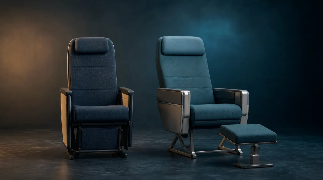 Two generic empty premium seats with different leg-support designs in a dark studio.