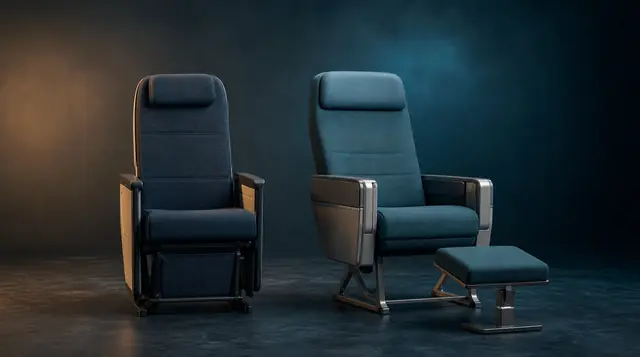Two generic empty premium seats with different leg-support designs