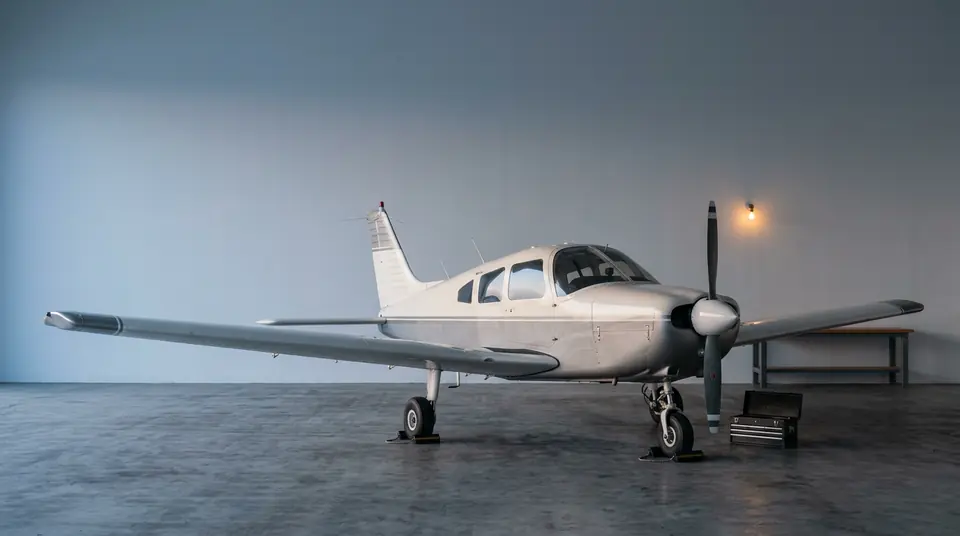An unbranded light aircraft parked on chocks in a plain hangar