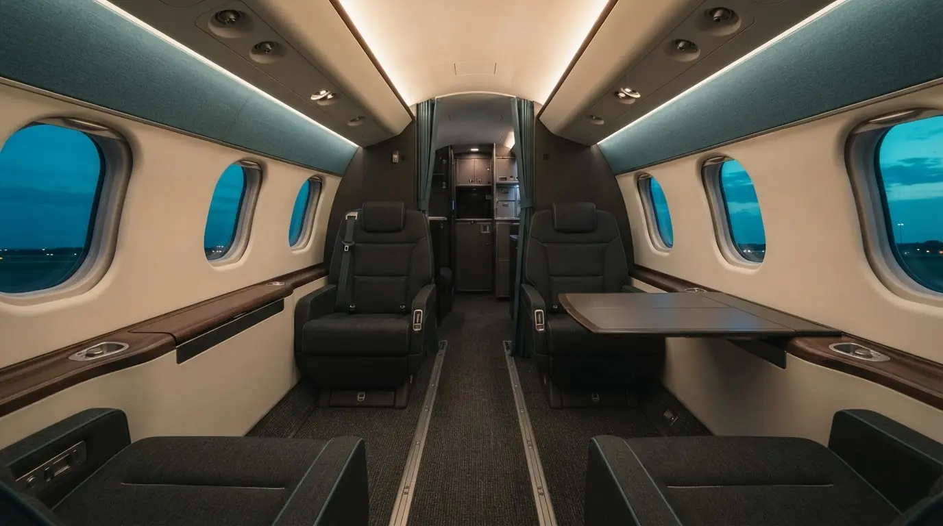 An empty unbranded business-aircraft cabin with dark seats, an aisle, oval windows, and one open work table at blue hour