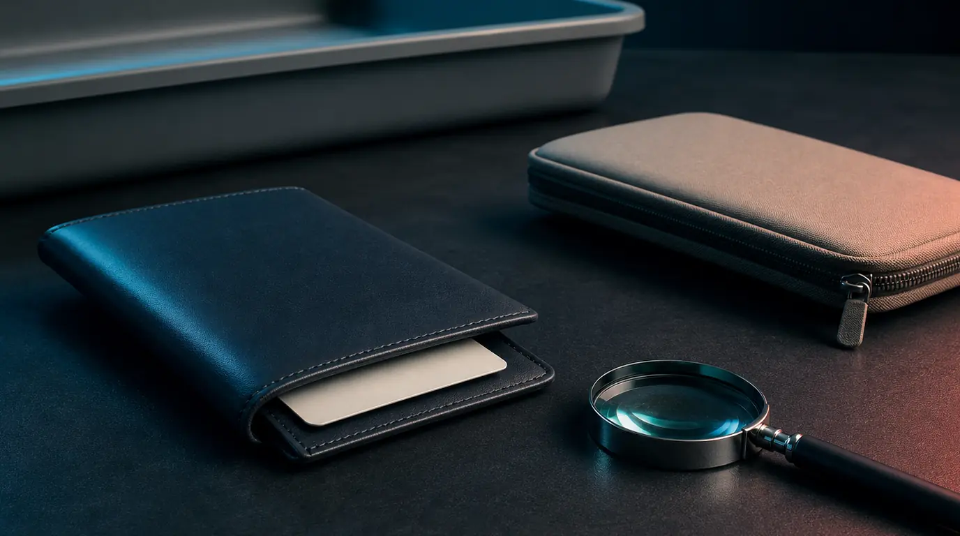 A wallet with the edge of a blank card, a magnifying glass, a travel pouch, and an airport security tray.